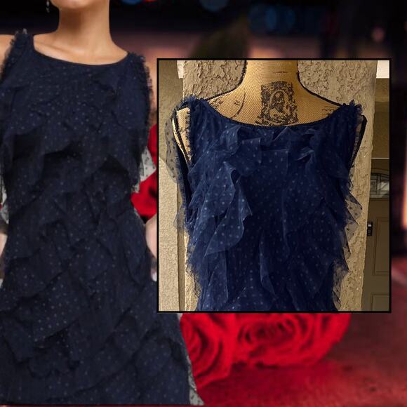 Lulus Blue Mesh Ruffled Swiss Dot Maxi Dress Size: L - Picture 3 of 12